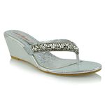 Womens Low Wedge Heel Toe Post Diamante Sandals Ladies Sparkly Flip Flops 3-8 Silver