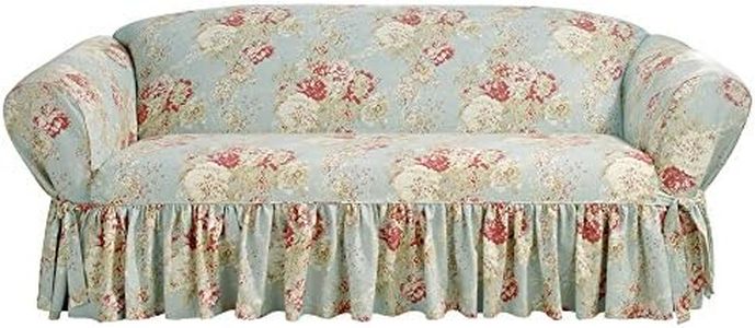 Waverly Ballad Bouquet Ruffled Sofa Slipcover, Sofa Cover with Cotton Floral One Piece Design and Ruffled Skirt, Machine Washable Sofa Cover, Robin's Egg