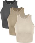 ODODOS 3-Pack Seamless Tank for Women Rib-Knit Soft Sleeveless High Neck Tank Tops, Waist Length, Mushroom+Taupe+Charcoal, Medium/Large