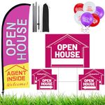 Buryeah Open House Signs Set (36 Pcs Total), 1 Pack Open House Flag with Pole Kit, 5 Pack Double Sided Open House Directional Arrows Signs with Metal Stakes and 30 Open House Balloons (Purple)