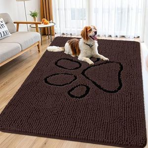 Smiry Dog Door Mat for Muddy Paws, Absorbent Dirt Trapper Non Slip Quick Dry Washable Chenille Mat for Mud Dogs, Entry Rug for Indoor and Outdoor (71x46 Inches, Brown and Black)