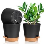 T4U 20CM Plastic Plant Pots 3-Pack, Black Self Watering Plant Pots with Saucer, Indoor Decorative Modern Bonsai Planter for Flower, Snake Plant, African Violet, Aloe, Orchid, Rose, Penoy