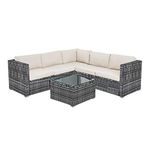 Panana Rattan Furniture Set 5 Seater Lounge Corner Sofa Set with Table Stool Garden Patio Conservatory Outdoor Mixed Grey Wicker with Beige Cushion