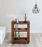 Indigo interiors 3 Tiers Rolling Carts Serving Carts Kitchen Carts Wine Rack Carts on Wheels with Storage - Solid Wood Teak Finish