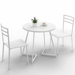 VECELO Small Round Dining Table Set for 2, Wood Marbled Tabletop with Metal Frame, Modern Dinette with Chairs for Kitchen Breakfast Nook Living Room, Solid White