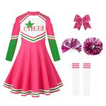 LOLANTA Cheerleader Costume for Girls Long Sleeve Cheerleading Outfit with Pom Poms Halloween Dress Up (Pink, 8-9 Years)