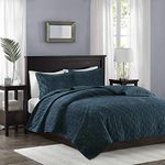 Madison Park Harper Quilt Set Velvet Casual Geometric Stitching Design All Season, Lightweight Coverlet, Cozy Bedding, Matching Shams, King/Cal King(104"x94"), Teal 3 Piece