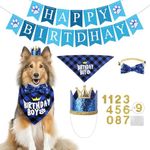 Qpets® Paw Patrol Birthday Decorations, Dog Birthday Decorations Set with Paw-Print Dog Birthday Banner / Dog Birthday Hat Bandana / Doggie Sequine Bow Ties, Blue