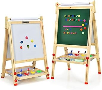 COSTWAY 3-in-1 Wooden Kids Art Easel with Paper Roller, Adjustable Height Double Board Chalkboard Painting Blackboard, Children Educational Toys Gifts (White+Green)