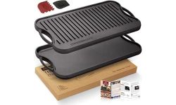 Overmont Pre-Seasoned Cast Iron Reversible Griddle Grill Pan with Handles for Gas Stovetop Open Fire Oven, 43.18 * 24.89CM (17x9.8") - One Tray, Scrapers Included