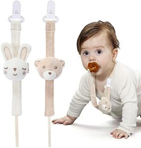 COTTONBEBE Pacifier Clips for Boys & Girls,Organic Cotton Baby Pacifiers Holder Stuffed Animal Cute Binky Clip,2 Pack (Rabbit&Bear)