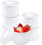 Yedio 8 oz Ramekins with Lids Oven Safe, Porcelain Creme Brulee Souffle Dishes with Covers for Baking, White Custard Cups Stackable, Set of 6