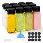 12 pcs 2oz Small Plastic Juice Bottles with Lids，Reusable Leak proof Ginger Shots Bottle with Black caps, Wellness Mini Jars Plastic Containers for Smoothie, Water, Milk and Other Beverages