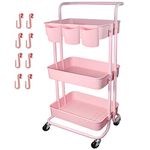 Piowio 3 Tier Utility Rolling Cart Multifunction Organizer Shelf Storage Cart with 3 Piece Cups and 8 Piece Hooks for Home Kitchen Bathroom Laundry Room Office Store etc. (Pink)