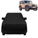 VYAS 100% Water Resistance Car Body Cover for Mahindra New Thar (2020-2024) with Mirror Pocket Triple Stitched Belt & Buckle Fitting Dual Elastic, Durable Material Soft Silky Black Design