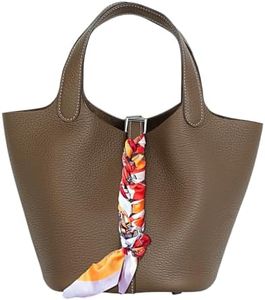 Lafillmiss Leather Handbag (Scarf Detaches) Genuine Leather Bucket Bag for Women,Market Tote Bags with Metal Clasp(Elephant gray-sliver)