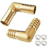 JENSWILL 2PCs 3/4" Brass Hose Barb Fitting 90 Degree Elbow Barbed Splicer Mender Union Fitting with 4PCs Hose Clamp for Oil Water Air