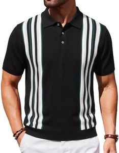 Mens Knit Polo Shirts Short Sleeve Vintage Striped Shirt Black L