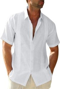 Friptspyg Hombre Camisa de Lino para Manga Corta Estilo Casual y Ajuste Regular Fit Cubana Camp Guayabera Camisa de Verano, Blanco L