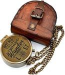 Backone Flat Antique Brass Compass With Leather Carry Case And Chain Pirates Compass Brown Engraved Navigational Compass, 5.8 X 5.8 X 1.8 Cm