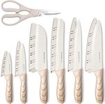 Astercook Knife Set, 13 Pieces Kitchen Knives Set with Ceramic Coating, Stainless Steel Chef Knife Sets with 6 Blade Guards, Dishwasher Safe Knife with Wooden Handle, White