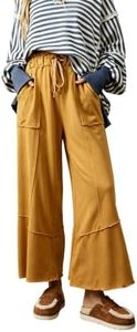 Faleave Women's Wide Leg Cropped Pants Casual Flared Patch Pocket Trousers(Yellow-M)