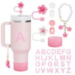 Letter Cup Accessories 9 Pcs Compatible with Stanley Includs 2 Straw Topper, 6 Silicone Spill Proof Stopper,1 Personalized Name Letter Stickers,1 Sakura Pearl Hangings and 1 Silicone Boot