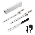 Cushore Professional Cordless Rechargeable Easy-Slice Electric Knife with 4 Reciprocating Serrated Stainless Steel Blades and Safety Lock Trigger Release, Carving Meats, Poultry, Bread, Serving Fork Included, White