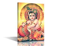 TISHIRON Canvas Wall Art Indian God Wall Decoration for Living Room Krishna Home Decor Supreme God Bedroom Wall Decor 1 Piece Artwork for Home Wall Giclee Wooden Framed Ready to Hang (24''Wx 36''H)