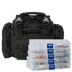 Dr.Fish Fishing Tackle Bag Loaded 5 Boxes 60 Fishing Lures Kit Crankbaits Spinners Roostertail Salmon Spoons Soft Plastic Shad Swimbiats Black