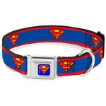 Buckle-Down Seatbelt Buckle Dog Collar - Superman Shield/Stripe Red/Blue - 1" Wide - Fits 15-26" Neck - Large