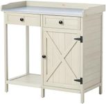 Outdoor Potting Bench with Storage Cabinet & Metal Tabletop, Wood Planting Workstation for Patio Garden, w/Drawer