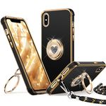 XYZ for iPhone X/XS Case with Stand, Double Ring Holder Case Heart with Lanyard for Girls Women, Luxury Cute Bling Protective Phone Cover Case for iPhone X/XS, Black