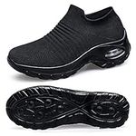 Belilent Lightweight Walking Shoes Womens Slip On Shoes Sock Sneakers Hiking Shoes Air Cushion Comfortable Flats Full Black 8