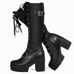 Voviggiw Women Fashion Platform Knee High Boots Lace Up Chunky Heel Boots with Buckle Side Zipper Biker Boots Black Size 37