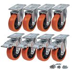 CoolYeah 100mm Swivel Plate Caster PVC Wheels, Industrial, Premium Heavy Duty Casters (Pack of 8, 4 with Brake & 4 Without) …