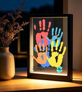 Family Handprint Kit with LED Light Base, Handprint Frame Kit, 12.3x8.7", 4 Transparent Panels, 6 Washable Pigments, Baby Safe Foot Craft, Meaningful Gift for Grandparents (Black)