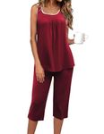 Ekouaer Women's Sleepwear Tank Tops with Capri Pants Front Pleated Pajama Sets capri pajama set pjs sets Wine Red S