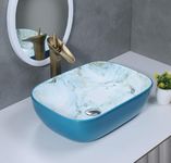 SEA SHORE Premium Designer Table Top Ceramic Wash Basin For Living Room/Countertop Vessel Sink with Slim Rim for Bathroom (46.5x32.5x13 CM, Cyan & White Blue)