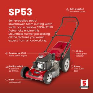Mountfield SP53 Petrol Lawnmower – Self-Propelled 51cm Steel Deck