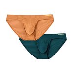 JINSHI Men's Briefs Underwear Cover Bulge Pouch Comfortable Soft Men's Striped Underwear, Apricot Yellow1+dark Green1, XXL