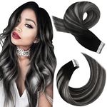 Moresoo Hair Extensions for Women Tape in Human Hair Balayage Black to Silver Tape in Hair Extensions Ombre Human Hair Tape in Hair Extensions Skin Weft 12 Inch 20 Pieces 30 Grams