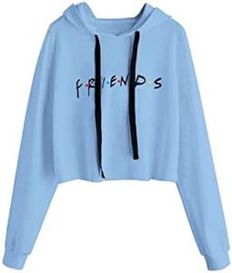 Idepet Women’s Casual Letters Print Crop Top Loose Pullover Friends Shirt Teen Girl TV Show Hoodie Sweatshit, Light Blue, Medium