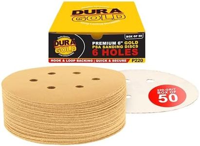 Dura-Gold Premium 220 Grit 6" Gold Sandpaper Discs, 6 Hole Pattern Dustless, Box of 50 - Hook & Loop Backing for DA Sander, Finishing Med-Cut Sanding Abrasive Automotive Paint, Woodworking Wood, Metal