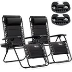 SUNMER Sun Lounger Padded Garden Chairs - Set of 2 Zero Gravity Chairs with Cup & Phone Holder, Adjustable Headrest & Pillow - 30° to 90° Folding Deck Recliner - Professional Outdoor Seating - Black