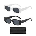 2 Pieces Square Sunglasses with 1 Glasses Bag, Y2k Sunglasses, Rectangular Protective Glasses, Fashionable Retro Sunglasses for Men and Women (Black, White)