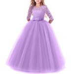 Flower Girls Lace 3/4 Sleeve Dress Wedding Bridesmaid First Communion Evening Party Floor Length Dress Kids Princess Pageant Birthday Prom Carnival Christmas Ball Gown Purple 13-14 Years