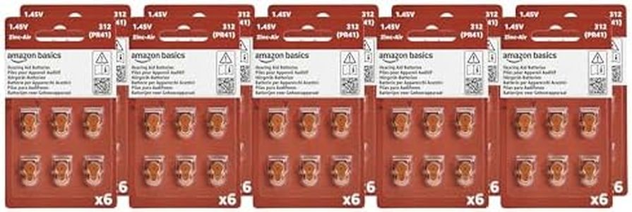 Amazon Basics 60-Pack Hearing Aid Size 312 Zinc-Air Batteries, 1.45 Volt, Brown Tab, 4-Year Shelf Life, Child-Safe Package (Use Scissors to Open)