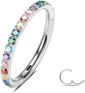 WBRWP 316L Stainless-Steel Hinged Nose-Rings-Hoop : 16G(1.2mm) Mens Body Pierecing Ring with Colorful Zircon Segment Ring Lip Rings Helix Cartilage Rook Earrings 8mm Diameter Bright Silver Color