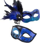 MYSEUNI 2024 New Feather Masquerade Mask for Couples Blue - Masquerade Ball Mask for Women - Mens & Womens Mask for Masquerade Costume for Halloween Mardi Gras Cosplay Party